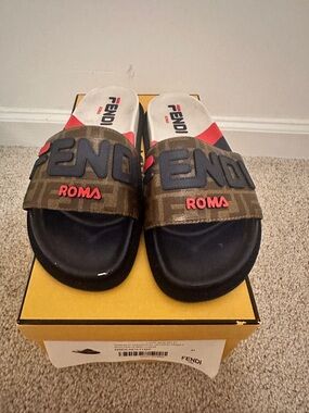 Fendi Brown Monogram Slides with Black and Red Accents